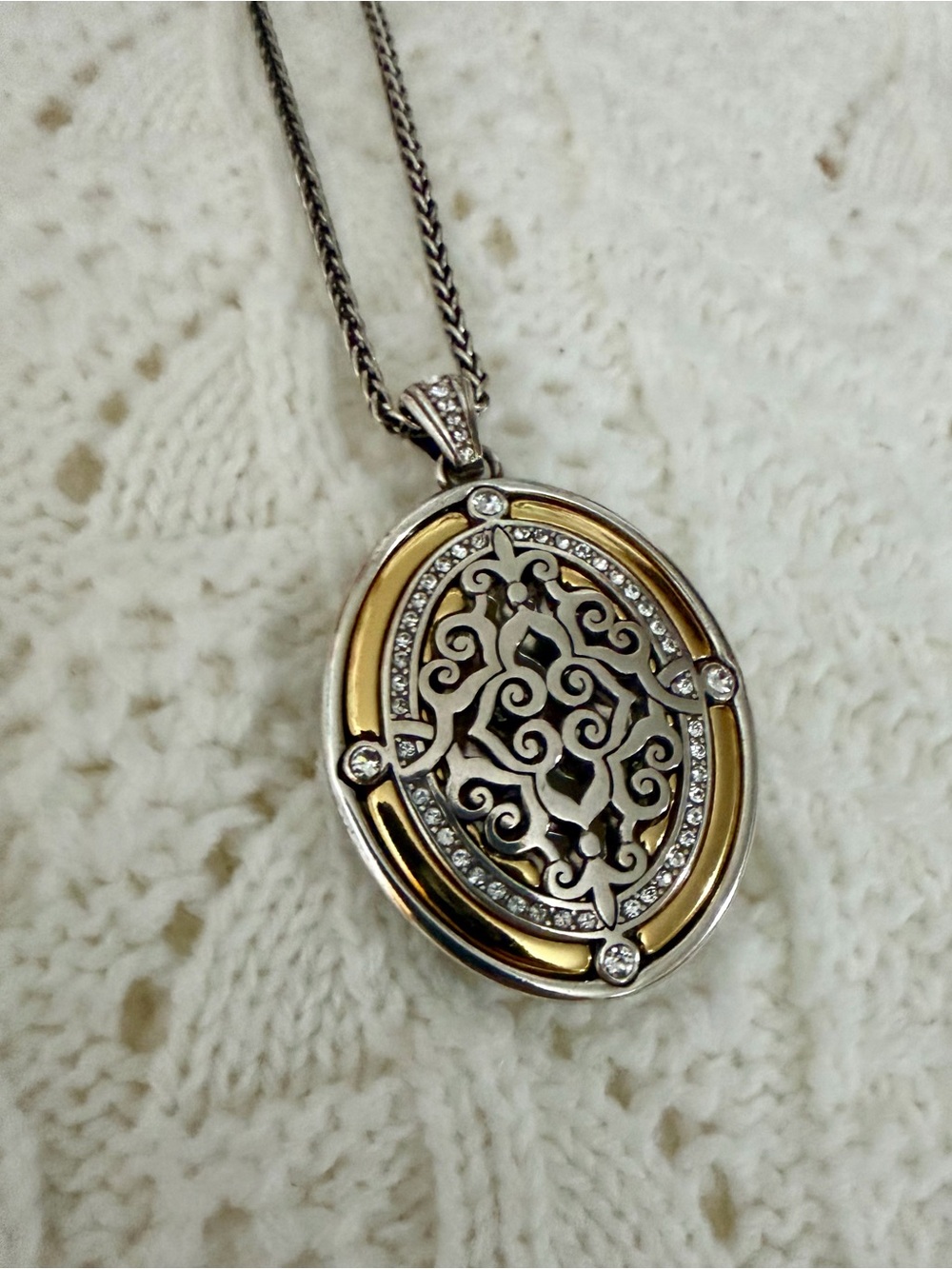 Brighton Double Sided Oval Silver With Gold & Rhinestone Accent Necklace - Picture 8 of 10